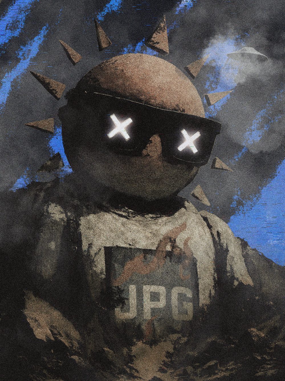 Artifact by PePeSB: a round-headed figure in dark glasses with crossed-out eyes, a spiked halo, holding a sign that reads JPG